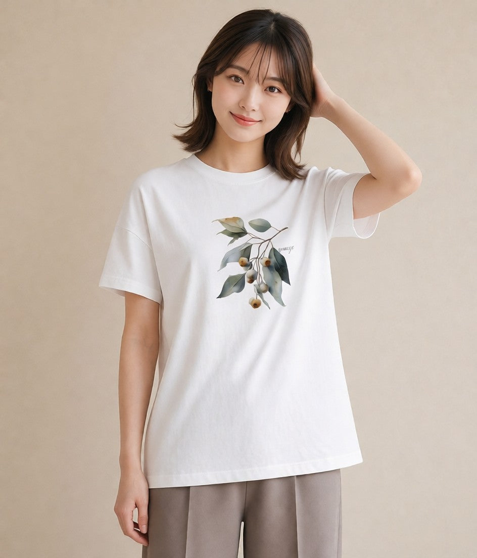グラフィックTシャツ レディース どんぐり 植物 ボタニカル イラスト お洒落 公園 ママ 白T YMAZO