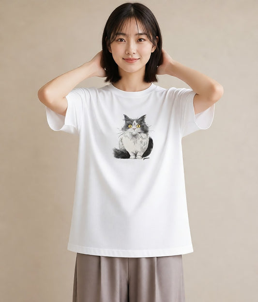 グラフィックTシャツ レディース ブリティッシュショートヘア 猫 ねこ イラスト アート風 秋コーデ おしゃれギフト 白T YMAZO