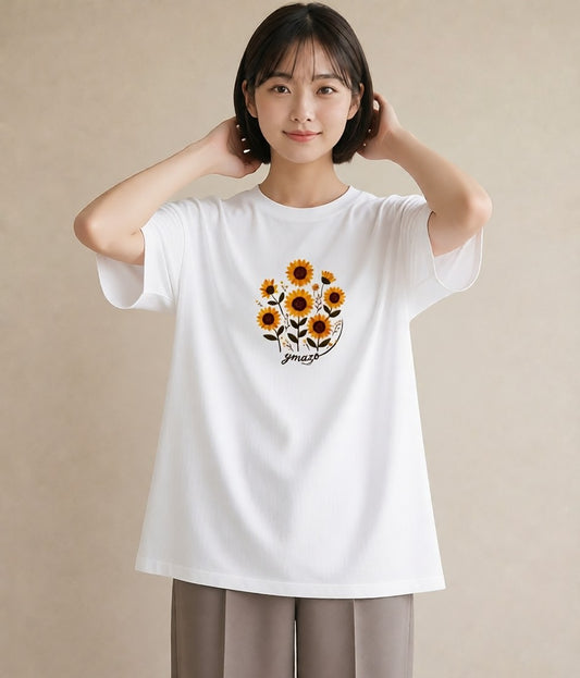 半袖Tシャツ レディース ひまわり 向日葵 花 花柄 イラスト ニュアンス 20代 カジュアルコーデ 白T YMAZO