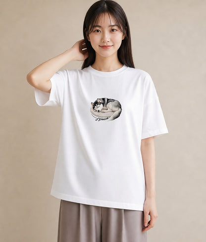 プリントTシャツ レディース シベリアンハスキー 犬 いぬ イラスト 旅行コーデ 社会人 女性 白T YMAZO