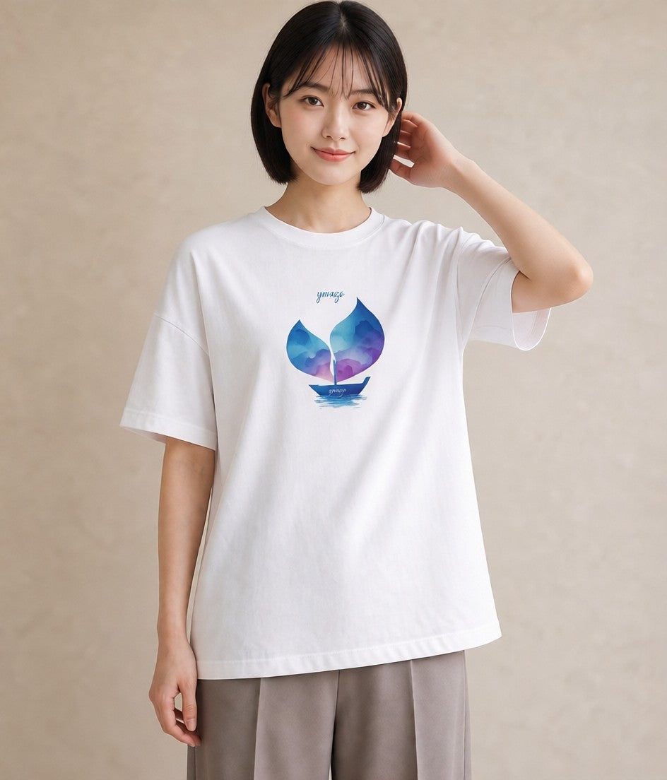 Tシャツ レディース 傘 水たまり 雨 ナチュラル アンティーク イラスト カフェコーデ 姉妹 送別ギフト 白T YMAZO