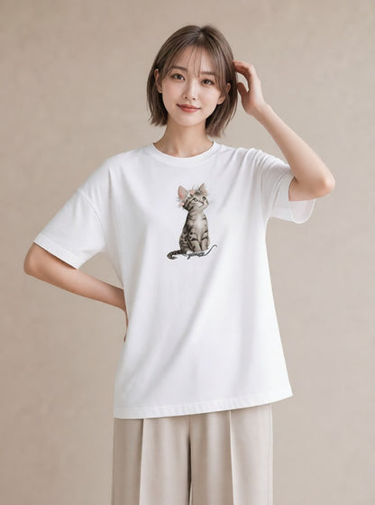 デザインTシャツ レディース キジトラ 猫 ねこ イラスト シック 買い物 夏コーデ 白T YMAZO
