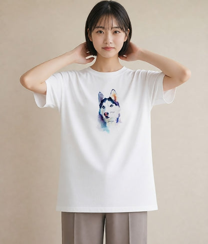 Tシャツ レディース シベリアンハスキー 犬 いぬ イラスト ラフカジュアル デイリーウェア 休日 白T YMAZO