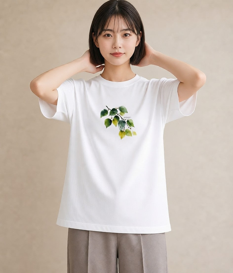 グラフィックTシャツ レディース 新緑 植物 ボタニカル イラスト 抜け感 ミセス 春コーデ 白T YMAZO