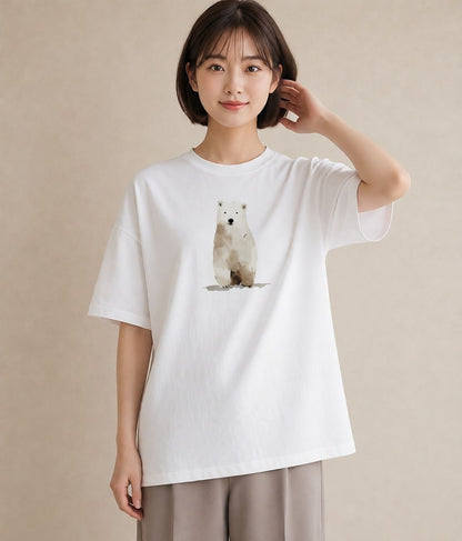 半袖Tシャツ レディース しろくま 白くま 動物 アニマル イラスト 普段使い ペアコーデ 秋コーデ 白T YMAZO