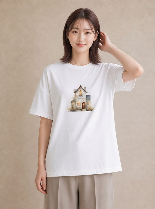 プリントTシャツ レディース 湖畔の小屋 湖 小屋 ナチュラル アンティーク イラスト 水彩風 ルームウェア ギフト 白T YMAZO