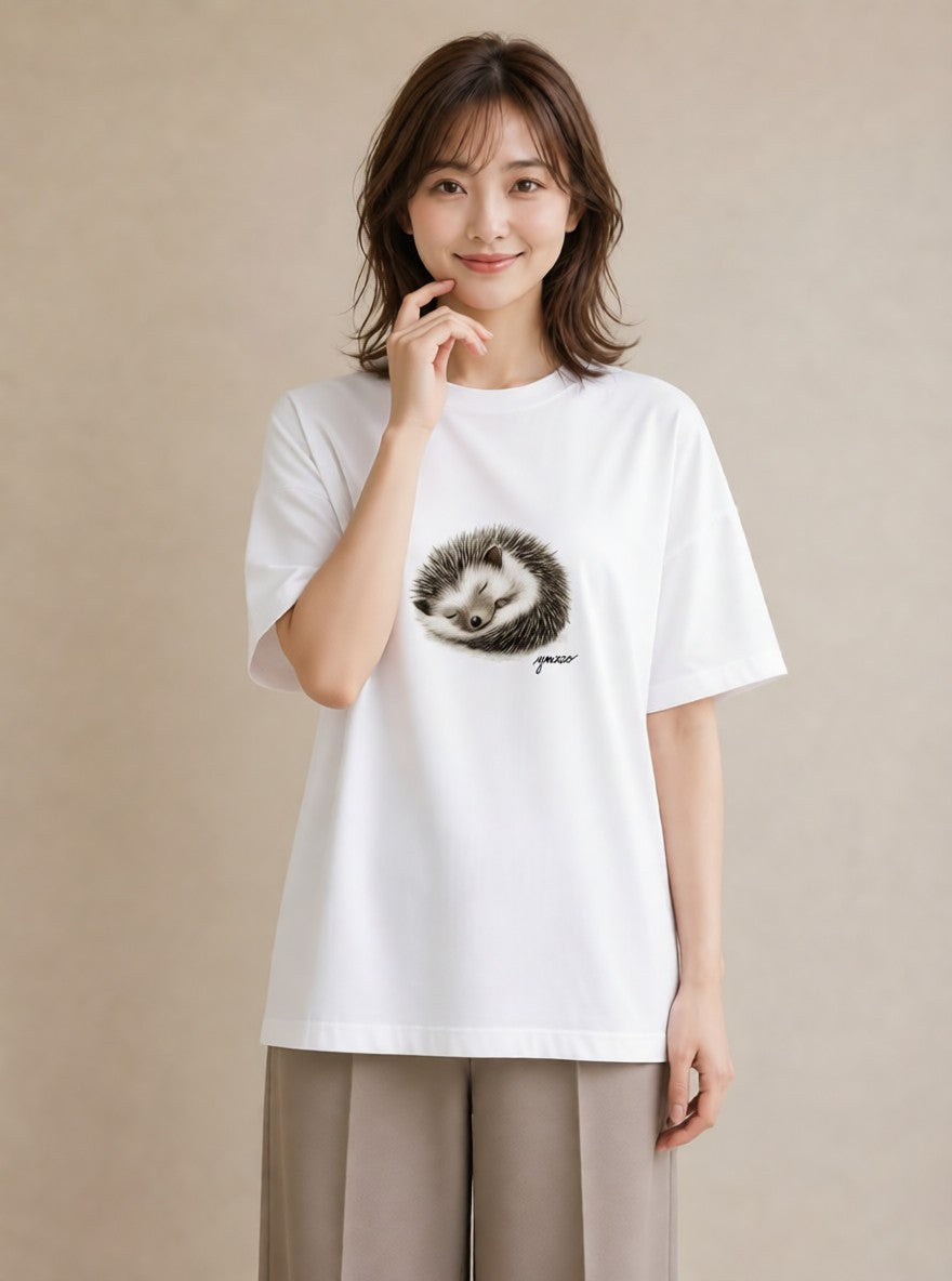 プリントTシャツ レディース ハリネズミ ペット 動物 イラスト カジュアル カジュアルコーデ 買い物 白T YMAZO