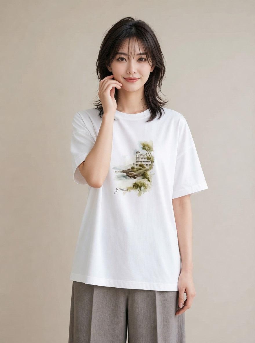 半袖Tシャツ レディース 灯台 霧 海 ナチュラル アンティーク イラスト 抜け感 春服 ミセス 白T YMAZO