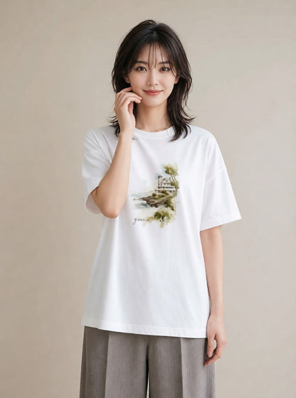 半袖Tシャツ レディース 灯台 霧 海 ナチュラル アンティーク イラスト 抜け感 春服 ミセス 白T YMAZO