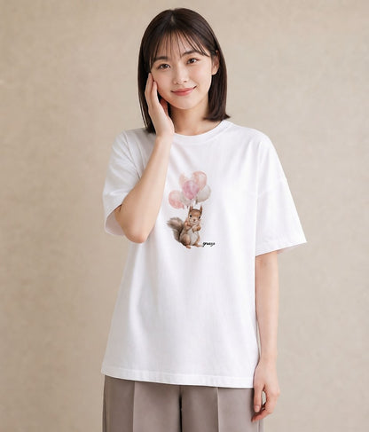 半袖Tシャツ レディース リス ペット 動物 イラスト ヴィンテージ風 女子会 お揃い 白T YMAZO