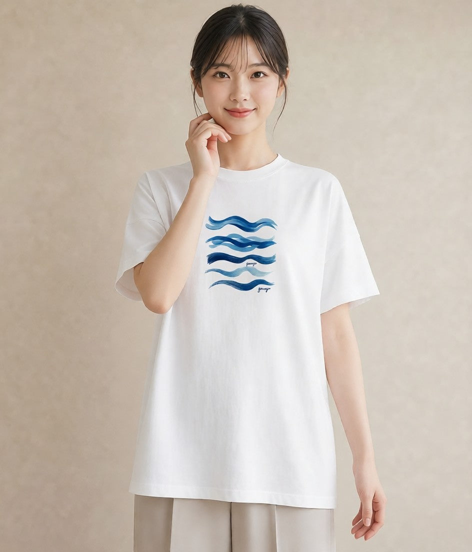 プリントTシャツ レディース 波 星空 宇宙 イラスト 水彩風 カジュアルコーデ 買い物 白T YMAZO