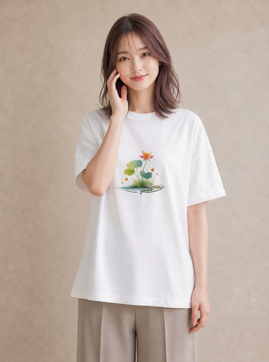 グラフィックTシャツ レディース 蓮 花 花柄 イラスト 個性的 旅行用 海 白T YMAZO