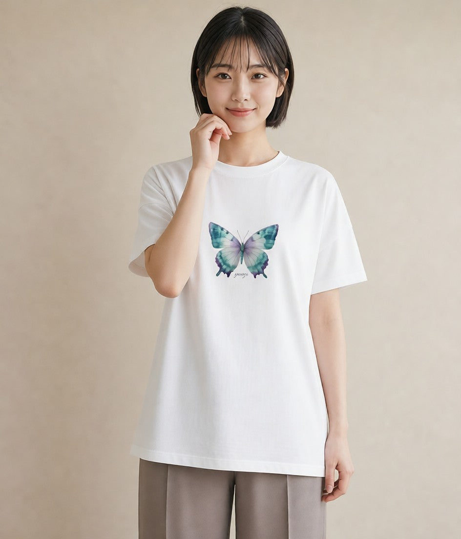 グラフィックTシャツ レディース ちょうちょ 蝶 バタフライ 昆虫 虫 イラスト 上品 部屋着 女性向けギフト 白T YMAZO