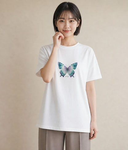 グラフィックTシャツ レディース ちょうちょ 蝶 バタフライ 昆虫 虫 イラスト 上品 部屋着 女性向けギフト 白T YMAZO