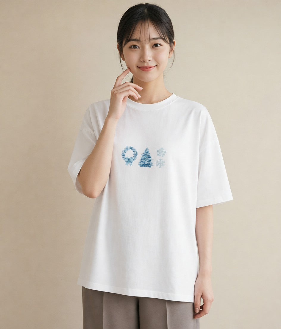 Tシャツ レディース 雪の結晶 星空 宇宙 イラスト 上品 散歩 お出かけ 白T YMAZO
