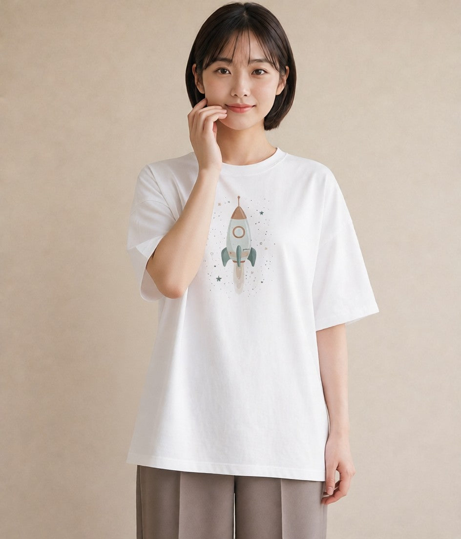 デザインTシャツ レディース ロケット 星空 宇宙 イラスト こなれ感 クリスマス 旅行 白T YMAZO