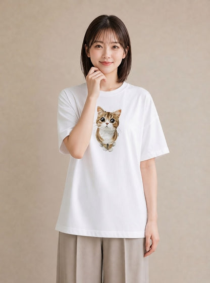 プリントTシャツ レディース 茶トラ 茶猫 猫 ねこ イラスト 旅行コーデ お出かけ 普段着 白T YMAZO