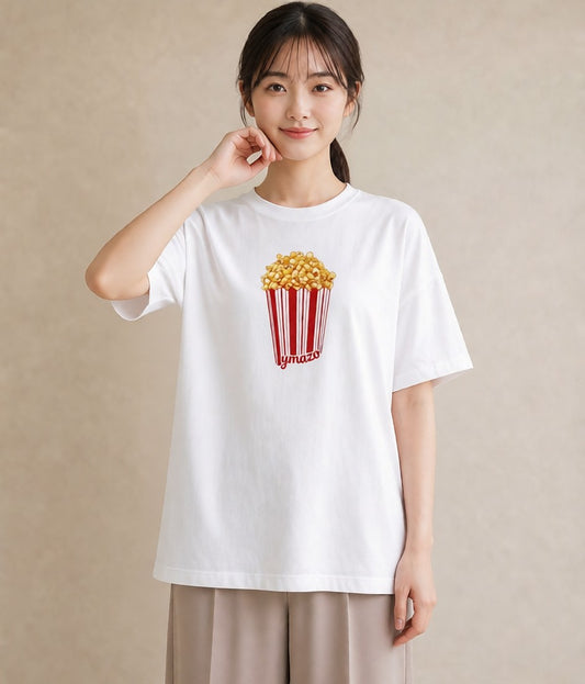 Tシャツ レディース ポップコーン 食べ物 フード イラスト 上品 春服 ミセス 白T YMAZO