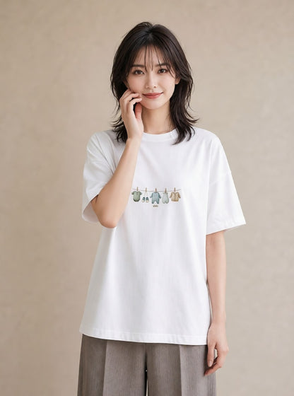 Tシャツ レディース 洗濯物 風 ナチュラル アンティーク イラスト 旅行用 海 白T YMAZO