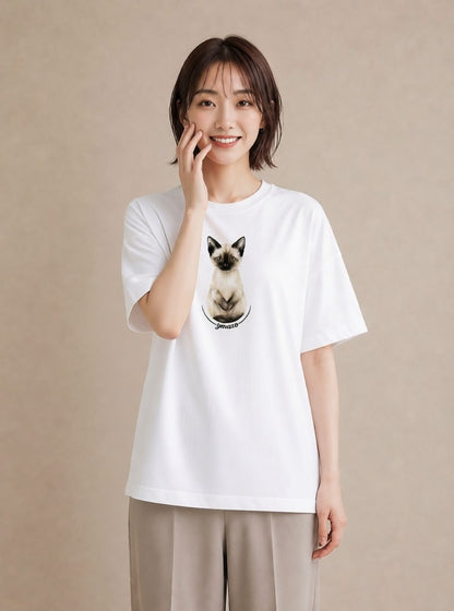 デザインTシャツ レディース おすわり猫 猫 ねこ イラスト 個性的 ラフ レイヤード 白T YMAZO