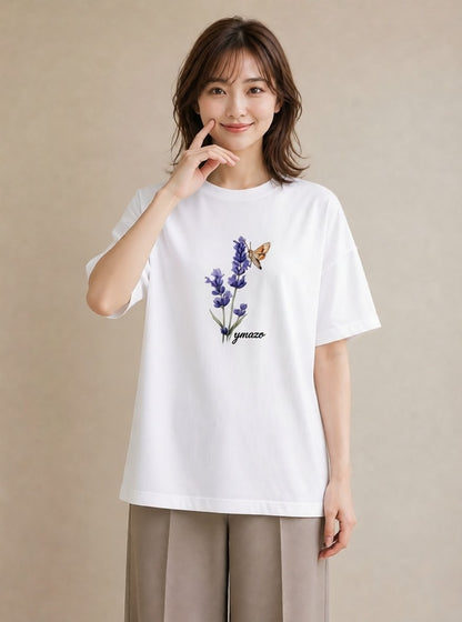 デザインTシャツ レディース ラベンダー 花 花柄 イラスト 線画 自分用 ルームウェア 白T