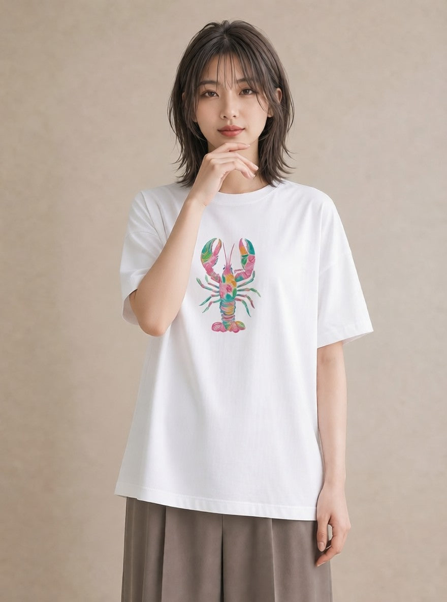 グラフィックTシャツ レディース エビ 海の生き物 海 イラスト カジュアル 通勤 在宅 白T YMAZO