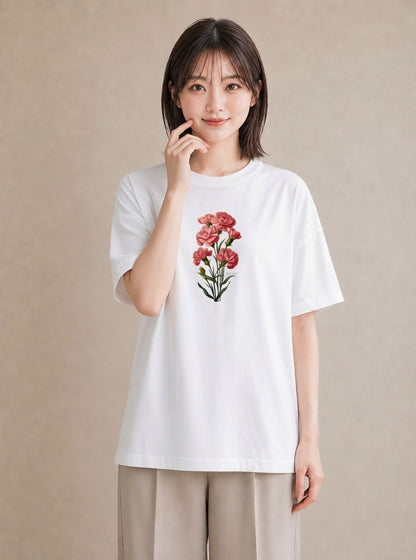 デザインTシャツ レディース カーネーション 花 花柄 イラスト 休日コーデ 春服 ミセス 白T YMAZO