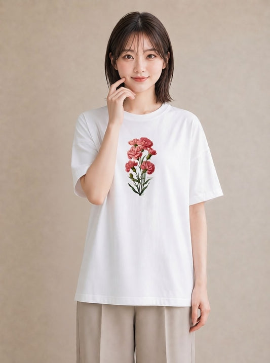デザインTシャツ レディース カーネーション 花 花柄 イラスト 休日コーデ 春服 ミセス 白T YMAZO
