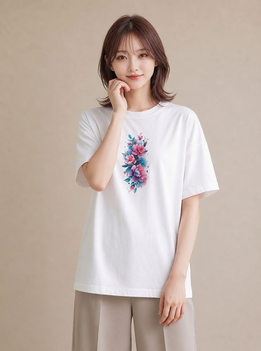 グラフィックTシャツ レディース 牡丹 花 花柄 イラスト ボタニカル 買い物 夏コーデ 白T YMAZO