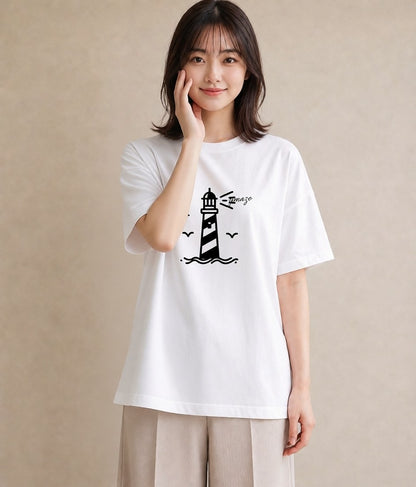 グラフィックTシャツ レディース 灯台 霧 海 ナチュラル アンティーク イラスト レイヤード 友達ギフト 白T YMAZO