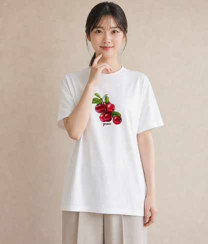 Tシャツ レディース さくらんぼ チェリー 食べ物 フード イラスト 抜け感 女性 旅行用 白T YMAZO