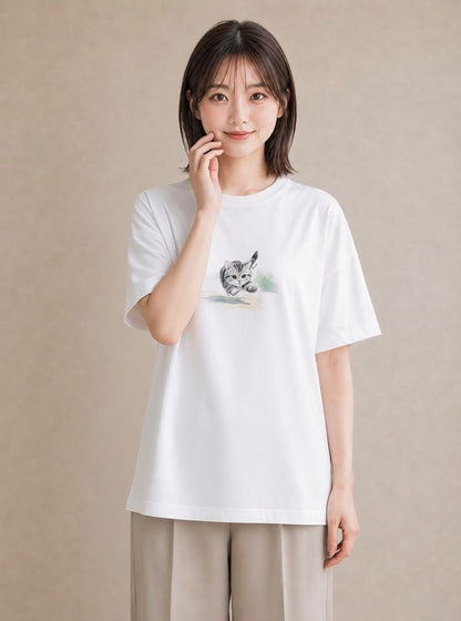 Tシャツ レディース 子猫 猫 ねこ イラスト 抜け感 散歩 お出かけ 白T YMAZO