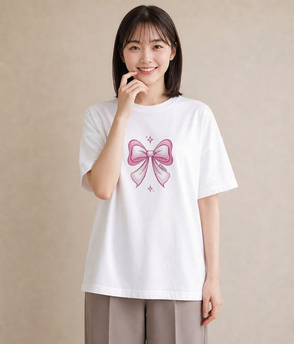 プリントTシャツ レディース リボン 蝶結び ナチュラル アンティーク イラスト ゆるかわ ホワイトデー 春服 白T YMAZO