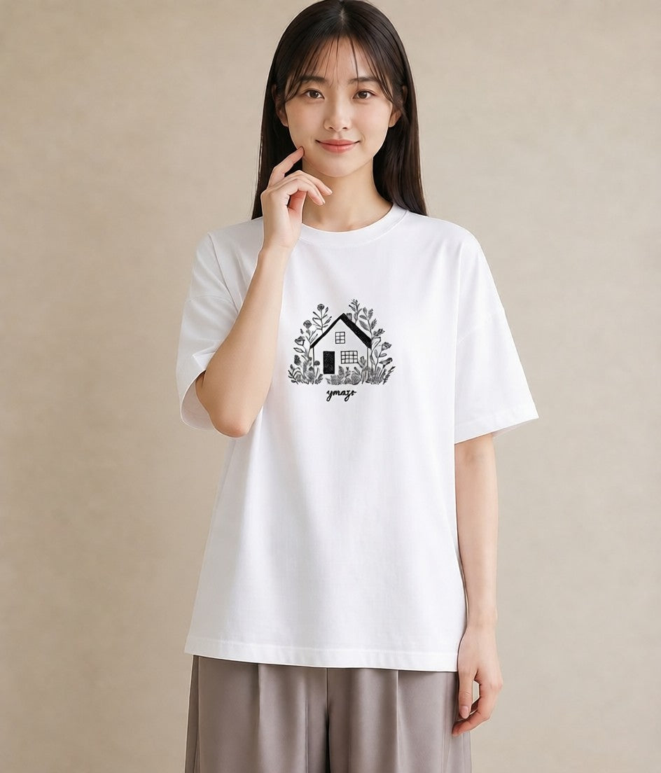 半袖Tシャツ レディース 湖畔の小屋 湖 小屋 ナチュラル アンティーク イラスト レトロ 秋コーデ おしゃれギフト 白T YMAZO