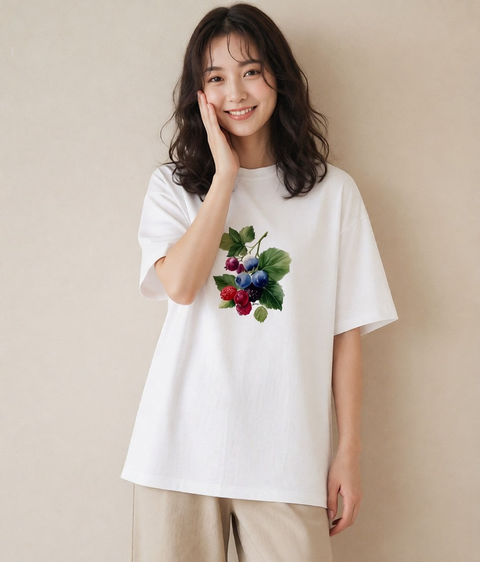 デザインTシャツ レディース ブルーベリー 食べ物 フード イラスト 手描き風 お揃い 親子 白T YMAZO