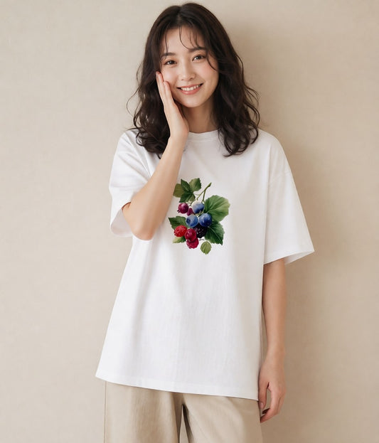 デザインTシャツ レディース ブルーベリー 食べ物 フード イラスト 手描き風 お揃い 親子 白T YMAZO