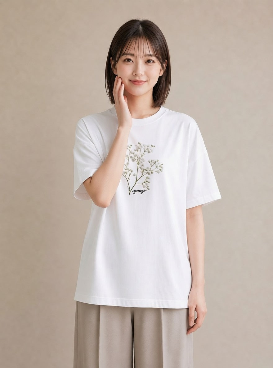 プリントTシャツ レディース カスミソウ かすみ草 花 花柄 イラスト 手描き風 デート 帰省 白T YMAZO