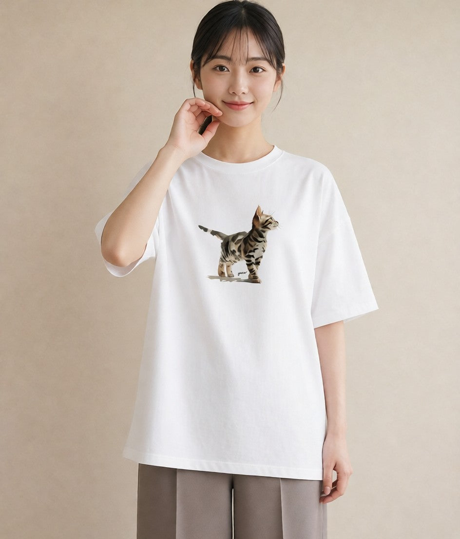 デザインTシャツ レディース 猫 ねこ イラスト アート風 海 カフェ巡り 白T YMAZO