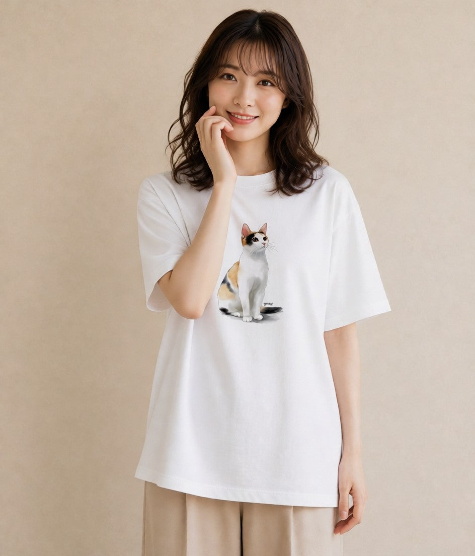 半袖Tシャツ レディース ベンガル 猫 ねこ イラスト ゆるかわ 買い物 夏コーデ 白T YMAZO
