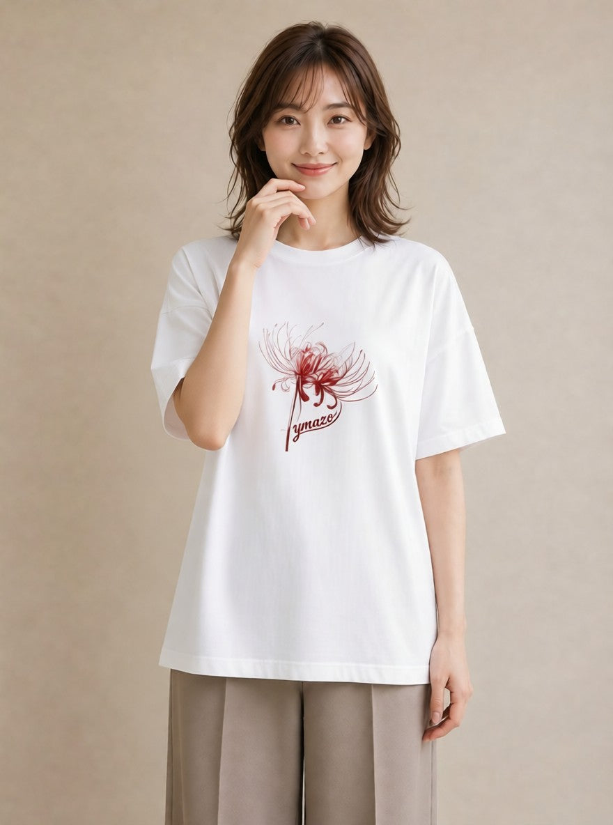 デザインTシャツ レディース 彼岸花 花 花柄 イラスト きれいめ 海 カフェ巡り 白T YMAZO
