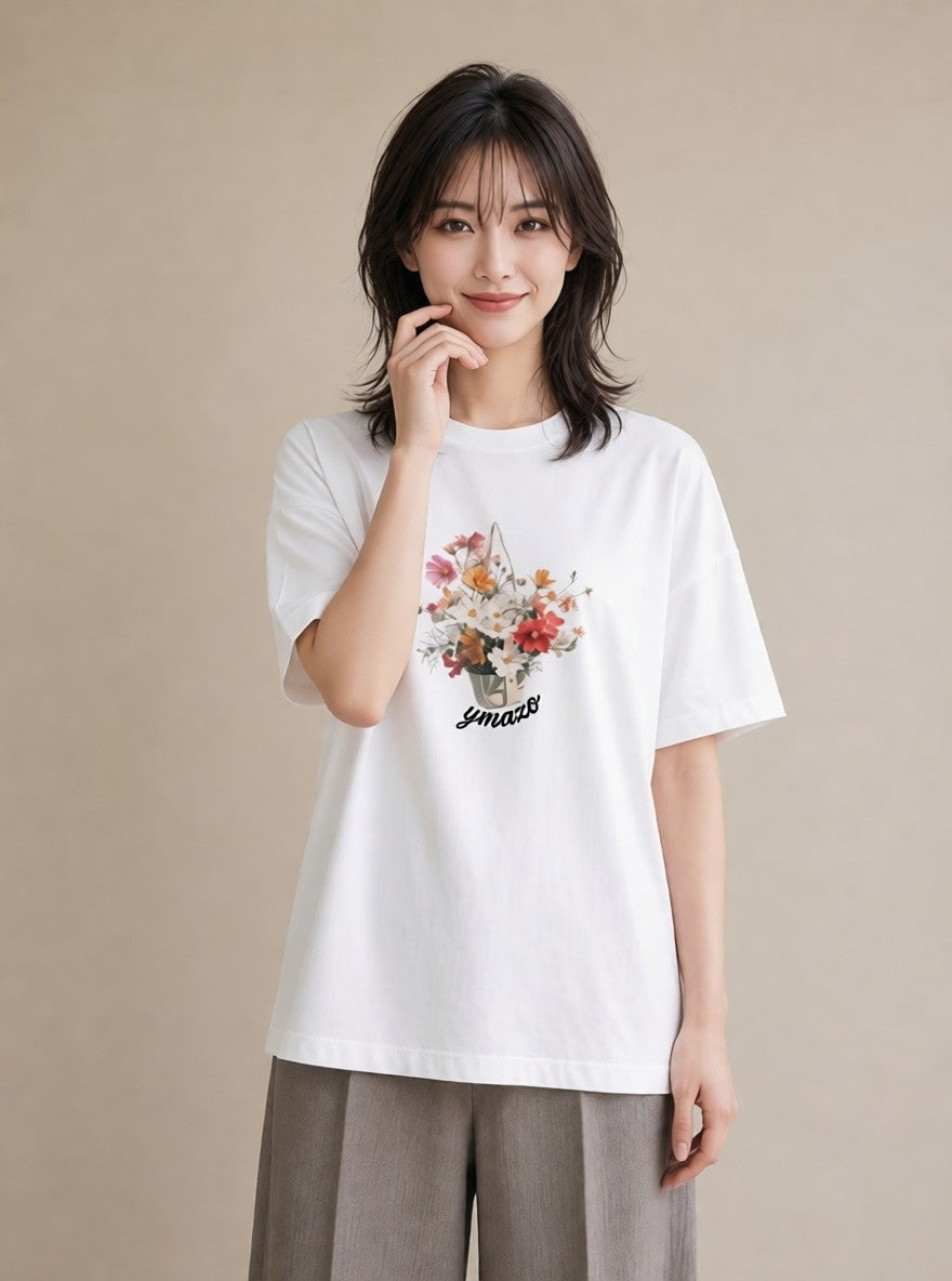 プリントTシャツ レディース 自転車のかご 自転車 花かご ナチュラル アンティーク イラスト 秋コーデ おしゃれギフト 白T YMAZO