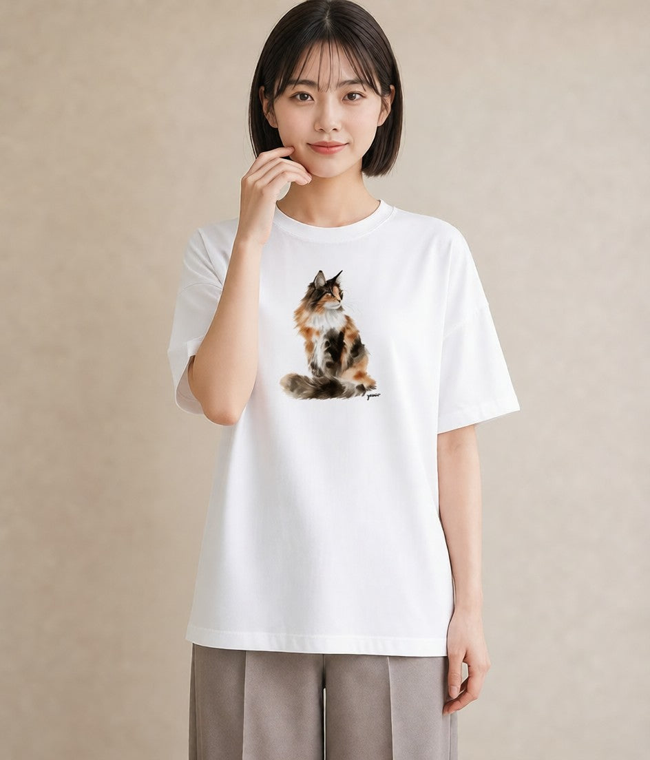 Tシャツ レディース ぶち猫 猫 ねこ イラスト 手描き風 普段着 週末コーデ 白T YMAZO