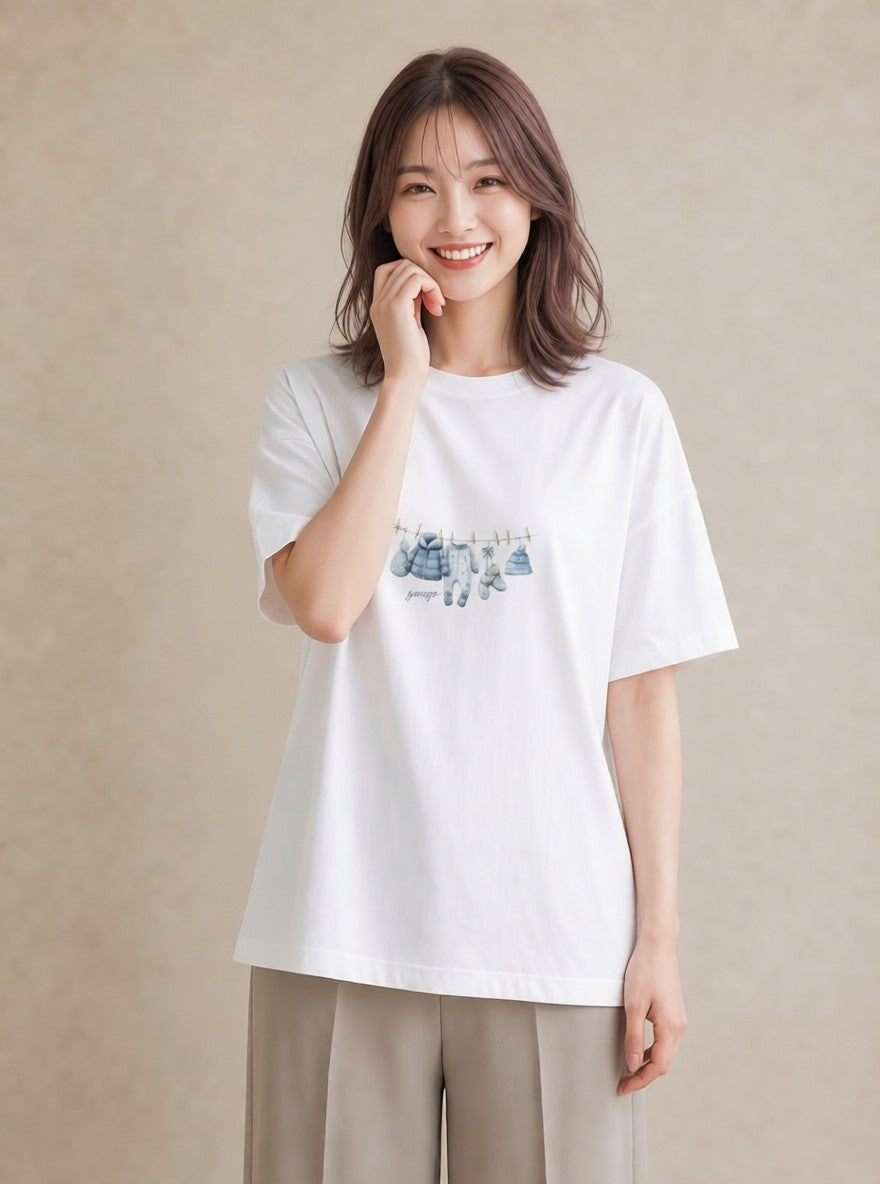 デザインTシャツ レディース 洗濯物 風 ナチュラル アンティーク イラスト きれいめカジュアル 友達ギフト 部屋着 白T YMAZO