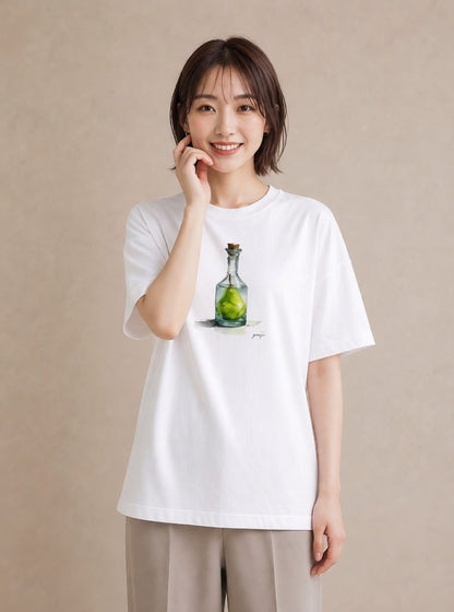 プリントTシャツ レディース ガラス瓶 小枝 ボタニカル ナチュラル アンティーク イラスト 休日コーデ おしゃれギフト 社会人 白T YMAZO