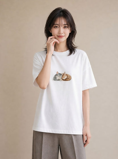 半袖Tシャツ レディース 肉球 猫 ねこ イラスト シンプル ママ カフェ服 白T YMAZO