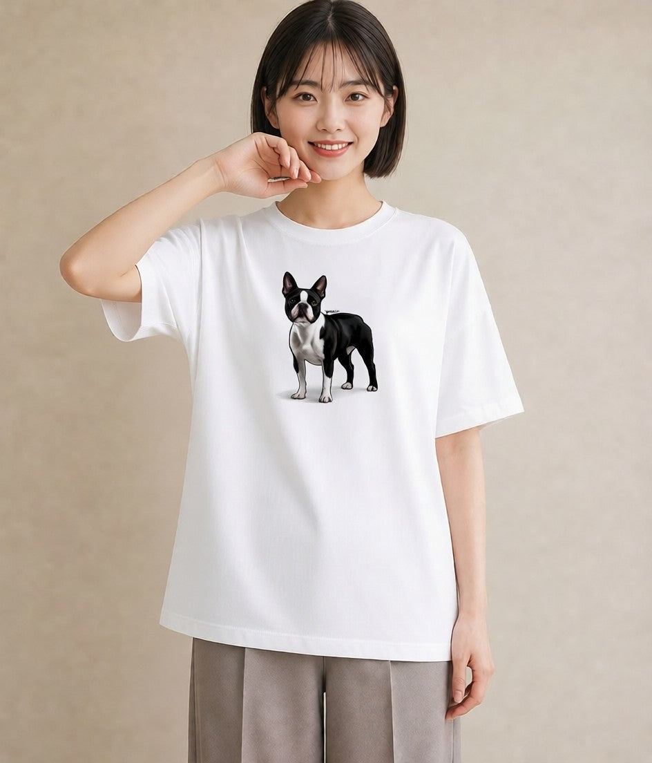 半袖Tシャツ レディース ボストンテリア 犬 いぬ イラスト フェミニン デート 帰省 白T YMAZO
