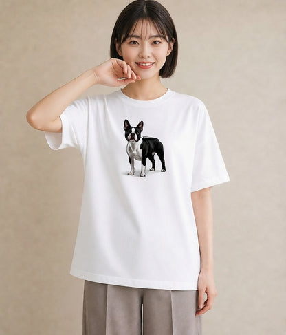 半袖Tシャツ レディース ボストンテリア 犬 いぬ イラスト フェミニン デート 帰省 白T YMAZO