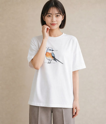 プリントTシャツ レディース 遠い家と鳥 風景 鳥 ナチュラル アンティーク イラスト 手描き風 お出かけ 普段着 白T YMAZO
