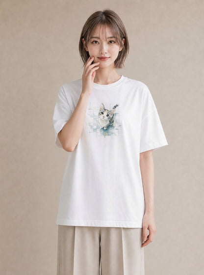 半袖Tシャツ レディース 愛猫 猫 ねこ イラスト 北欧風 女性 旅行用 白T YMAZO