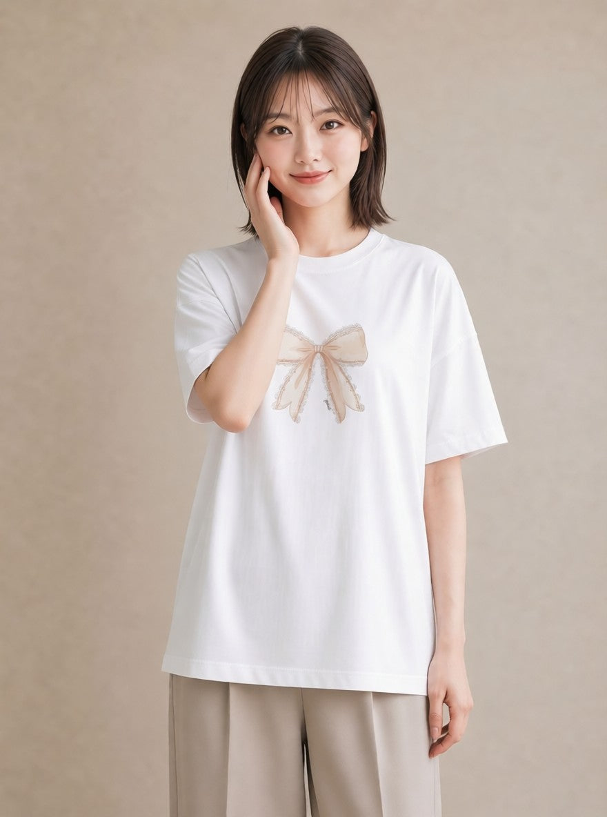デザインTシャツ レディース レースハンカチ レース ハンカチ ナチュラル アンティーク イラスト 韓国風 自分用 ルームウェア 白T YMAZO